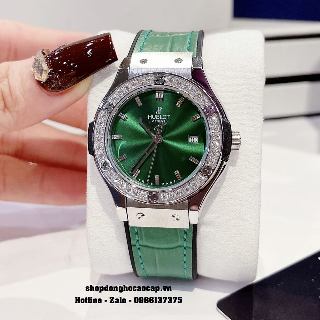 Đồng Hồ Nữ Hublot Classic Fusion Dây Da Silicon Xanh Mặt Xanh Đá Silver 34mm