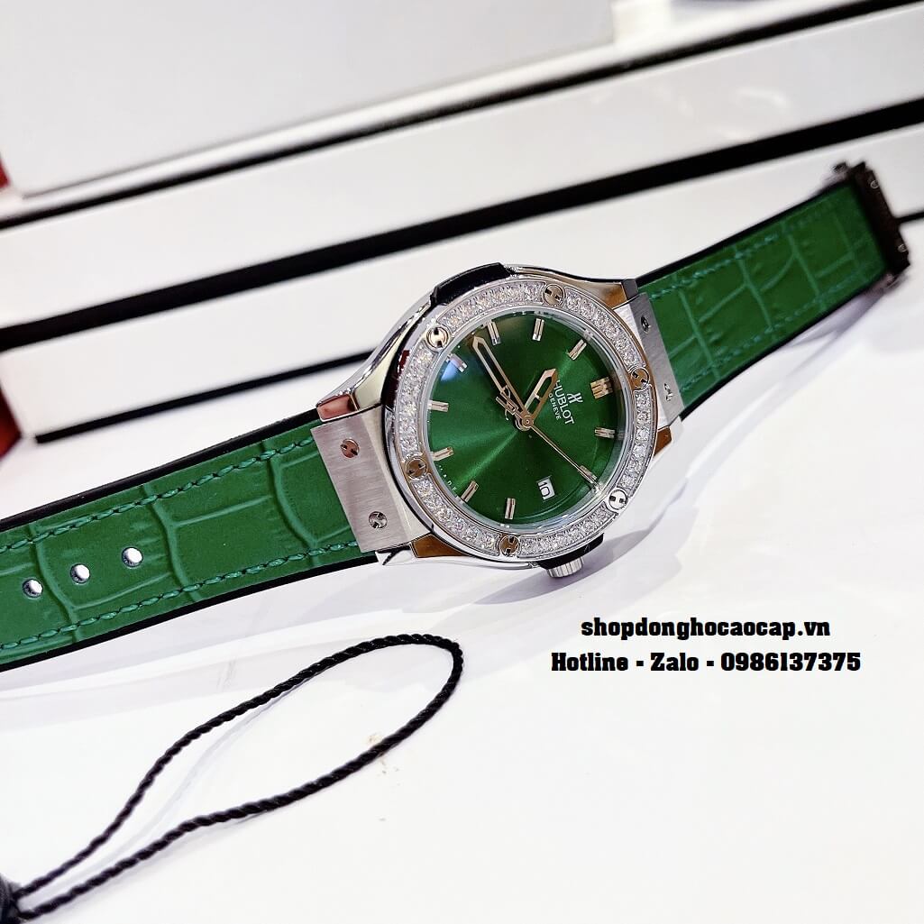 Đồng Hồ Nữ Hublot Classic Fusion Dây Da Silicon Xanh Mặt Xanh Đá Silver 34mm