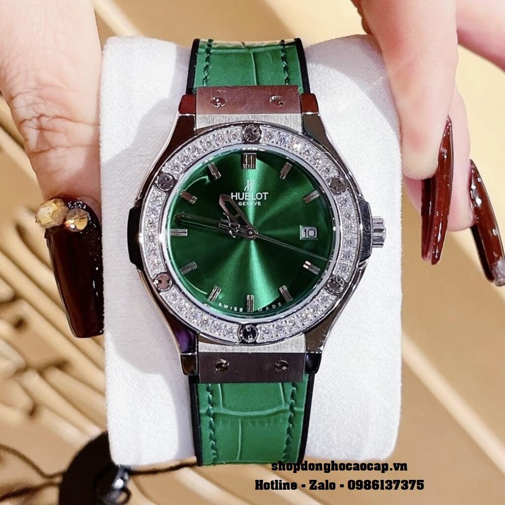 Đồng Hồ Nữ Hublot Classic Fusion Dây Da Silicon Xanh Mặt Xanh Đá Silver 34mm