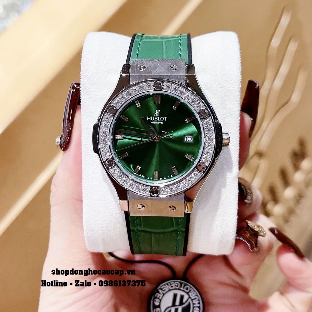 Đồng Hồ Nữ Hublot Classic Fusion Dây Da Silicon Xanh Mặt Xanh Đá Silver 34mm