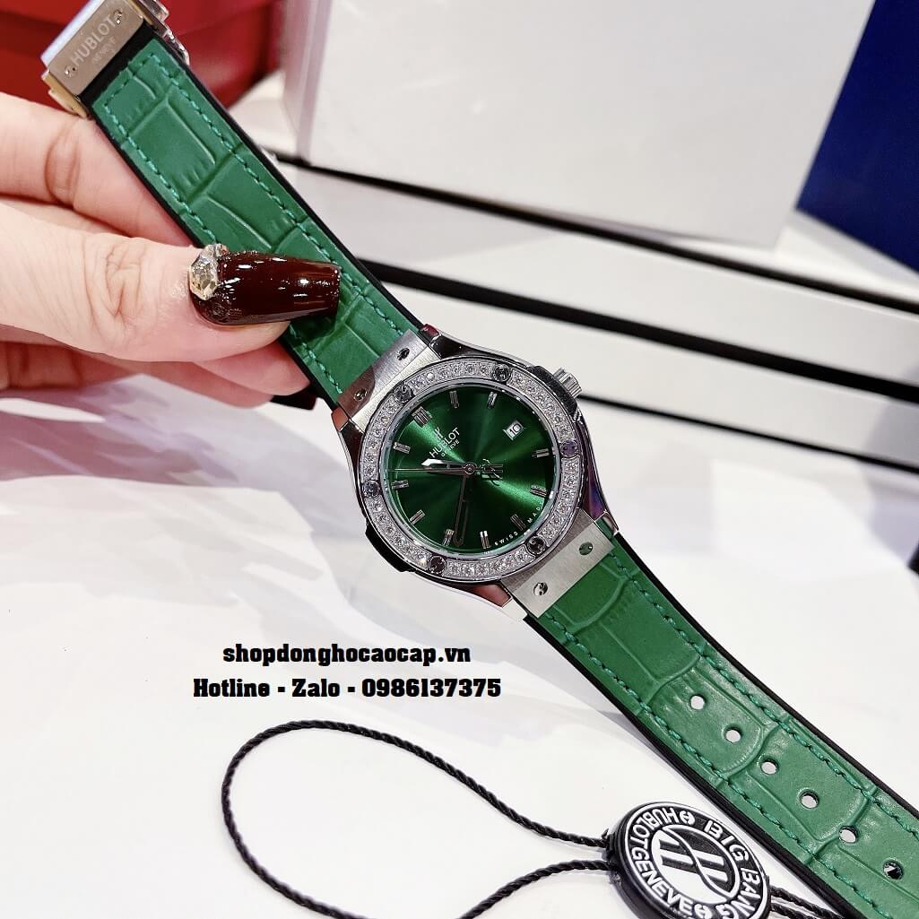 Đồng Hồ Nữ Hublot Classic Fusion Dây Da Silicon Xanh Mặt Xanh Đá Silver 34mm