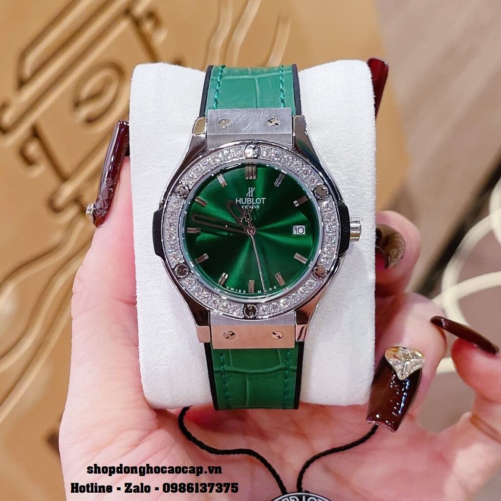 Đồng Hồ Nữ Hublot Classic Fusion Dây Da Silicon Xanh Mặt Xanh Đá Silver 34mm