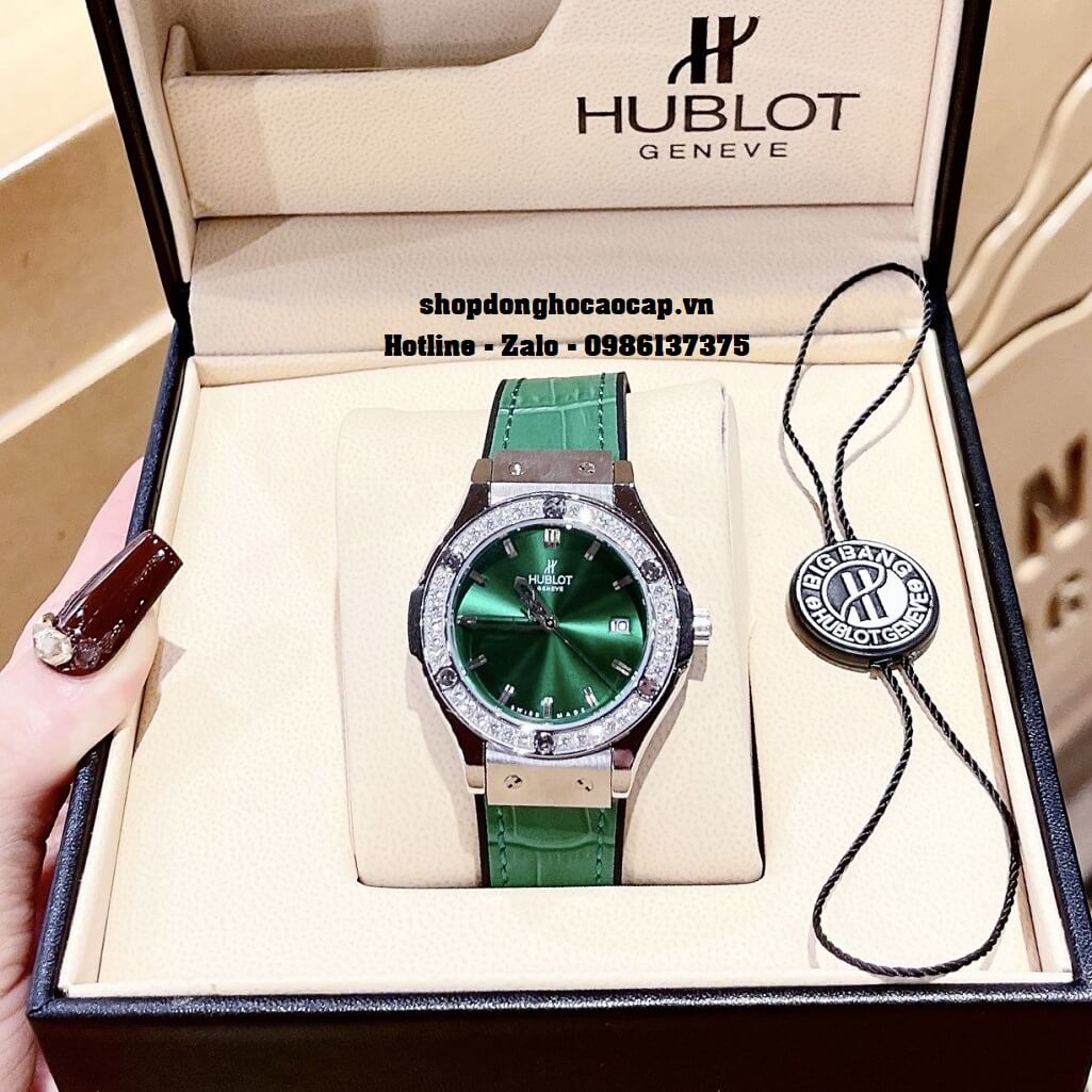 Đồng Hồ Nữ Hublot Classic Fusion Dây Da Silicon Xanh Mặt Xanh Đá Silver 34mm