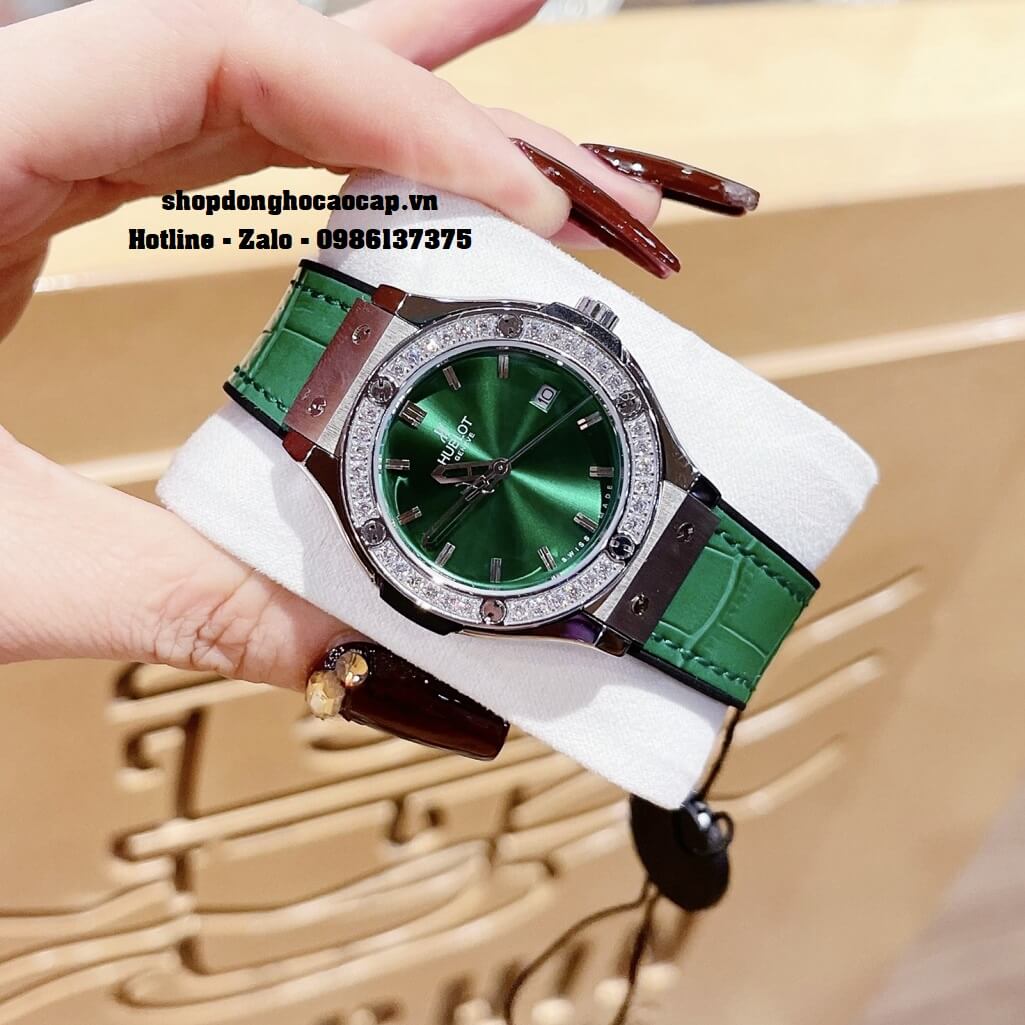 Đồng Hồ Nữ Hublot Classic Fusion Dây Da Silicon Xanh Mặt Xanh Đá Silver 34mm
