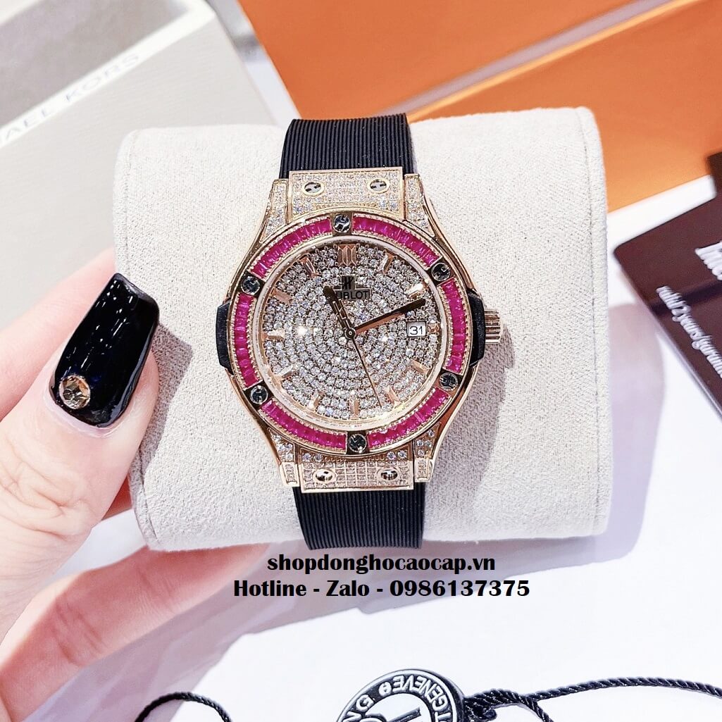 Đồng Hồ Hublot Classic Fusion Dây Da Silicon Đen Đính Đá Hồng 34mm