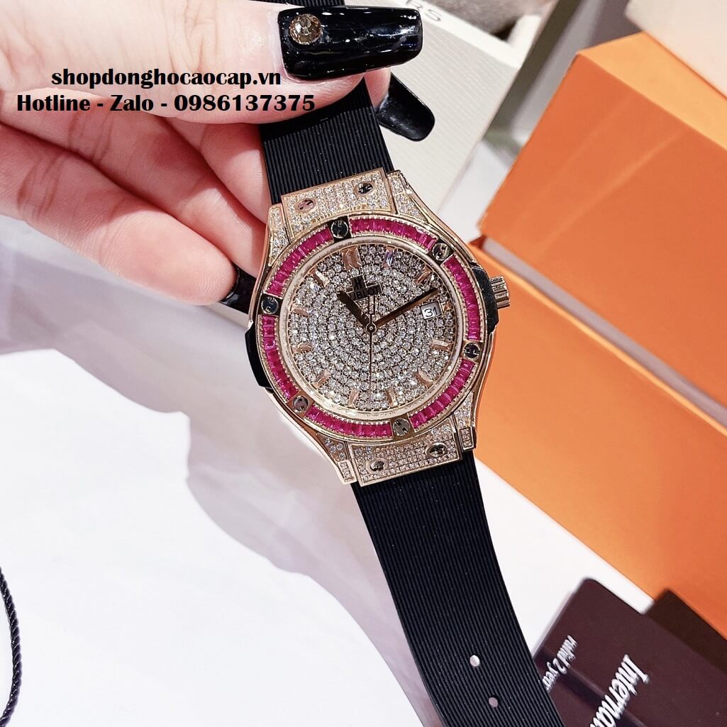Đồng Hồ Hublot Classic Fusion Dây Da Silicon Đen Đính Đá Hồng 34mm