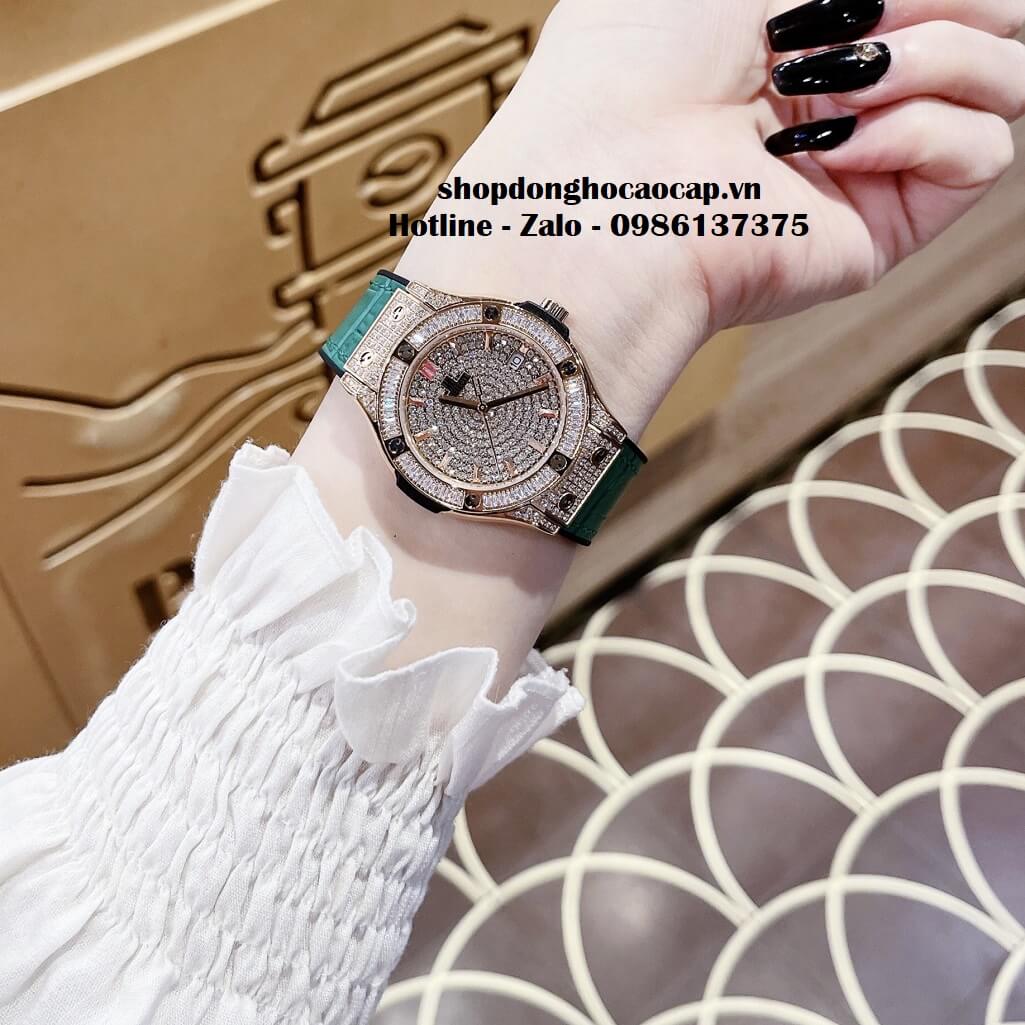 Đồng Hồ Hublot Classic Fusion Dây Da Silicon Xanh Đính Đá Rose 34mm