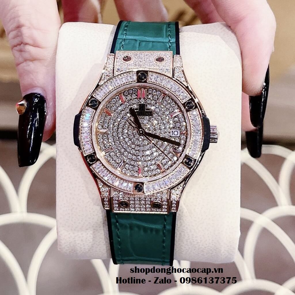 Đồng Hồ Hublot Classic Fusion Dây Da Silicon Xanh Đính Đá Rose 34mm