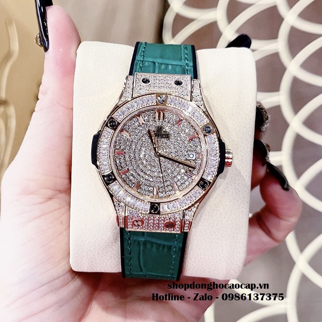 Đồng Hồ Hublot Classic Fusion Dây Da Silicon Xanh Đính Đá Rose 34mm