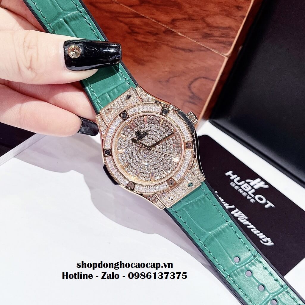 Đồng Hồ Hublot Classic Fusion Dây Da Silicon Xanh Đính Đá Rose 34mm