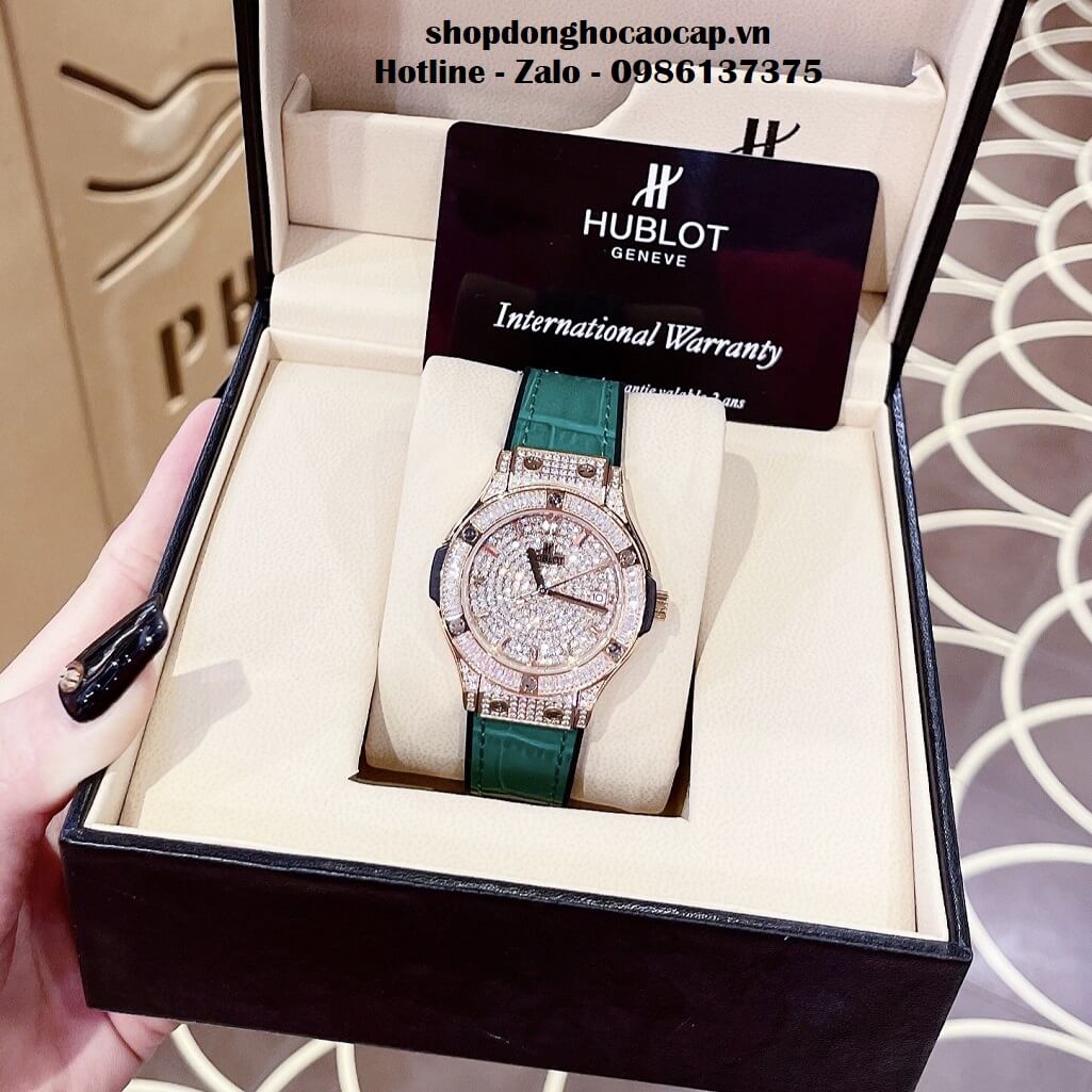 Đồng Hồ Hublot Classic Fusion Dây Da Silicon Xanh Đính Đá Rose 34mm