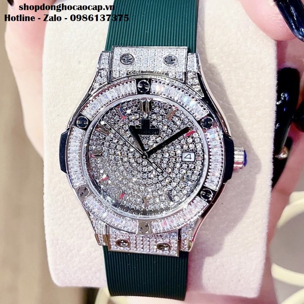 Đồng Hồ Hublot Classic Fusion Dây Silicon Xanh Đính Đá Silver 34mm