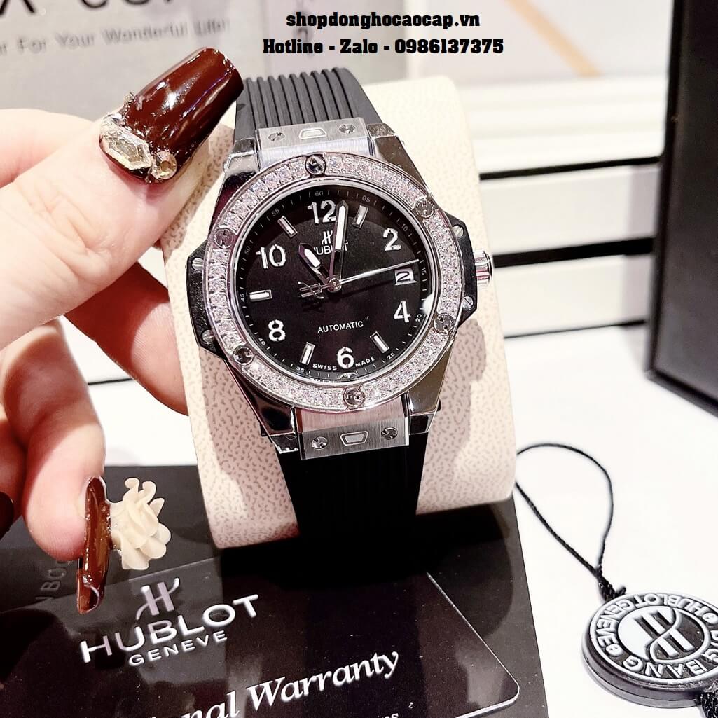 Đồng Hồ Nữ Hublot Classic Fusion Dây Silicon Đen Đính Đá Silver 38mm