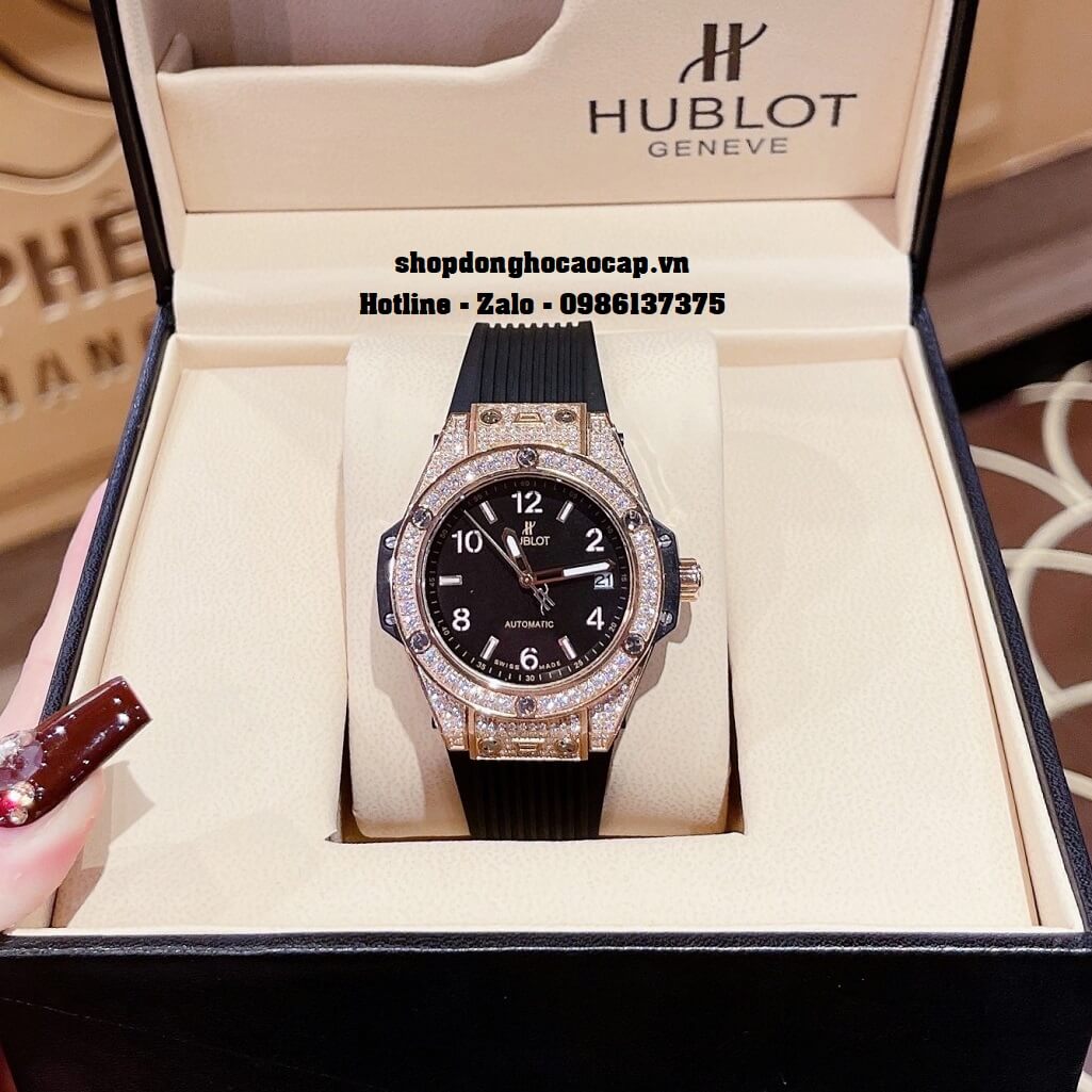 Đồng Hồ Nữ Hublot Classic Fusion Dây Silicon Đen Đính Đá Rose 38mm