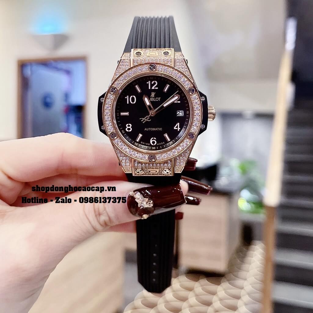 Đồng Hồ Nữ Hublot Classic Fusion Dây Silicon Đen Đính Đá Rose 38mm