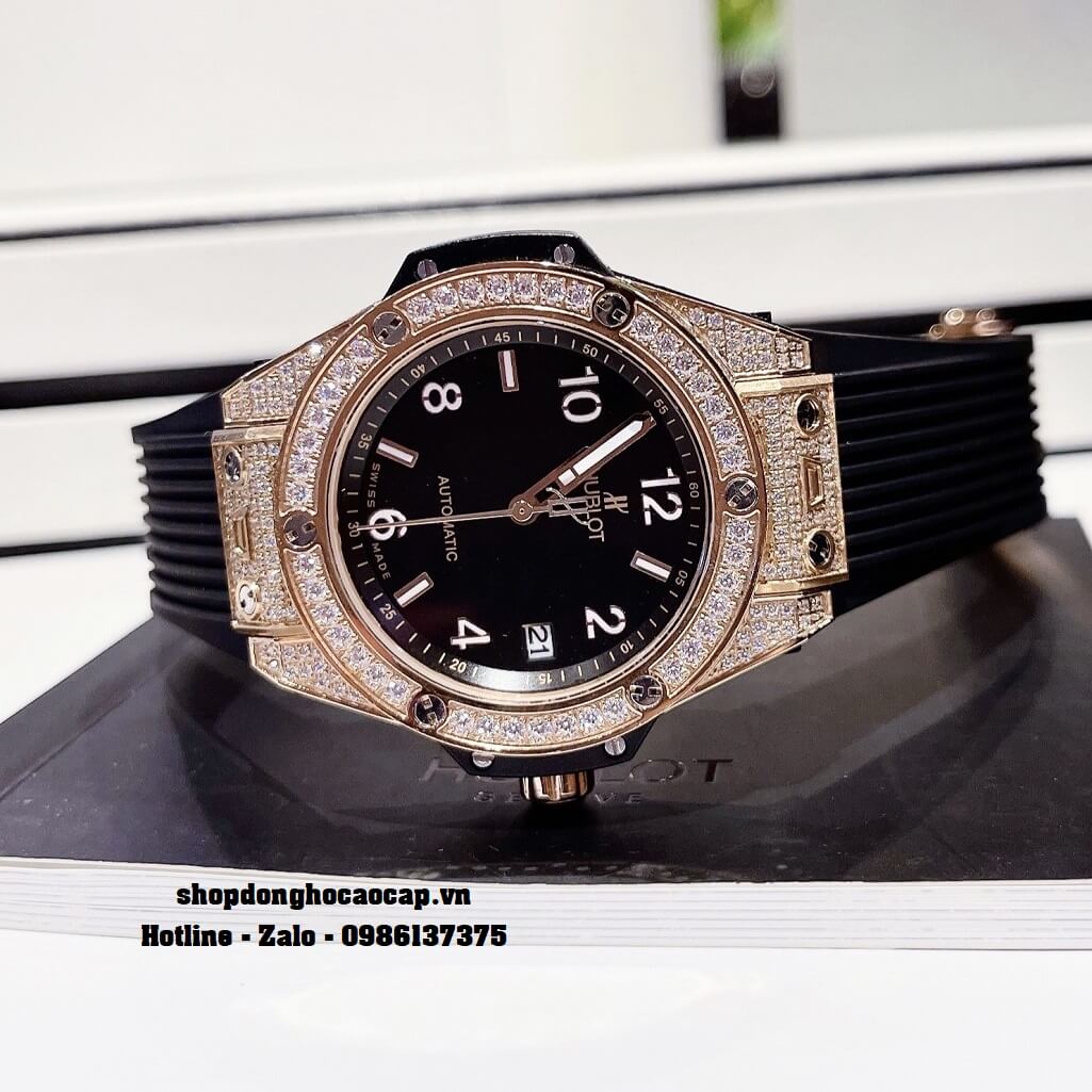 Đồng Hồ Nữ Hublot Classic Fusion Dây Silicon Đen Đính Đá Rose 38mm