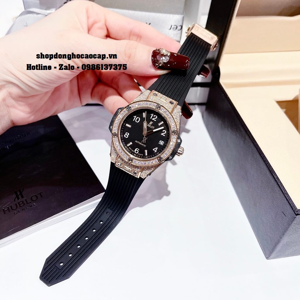 Đồng Hồ Nữ Hublot Classic Fusion Dây Silicon Đen Đính Đá Rose 38mm