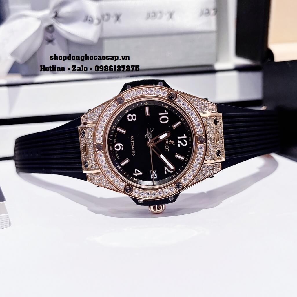 Đồng Hồ Nữ Hublot Classic Fusion Dây Silicon Đen Đính Đá Rose 38mm