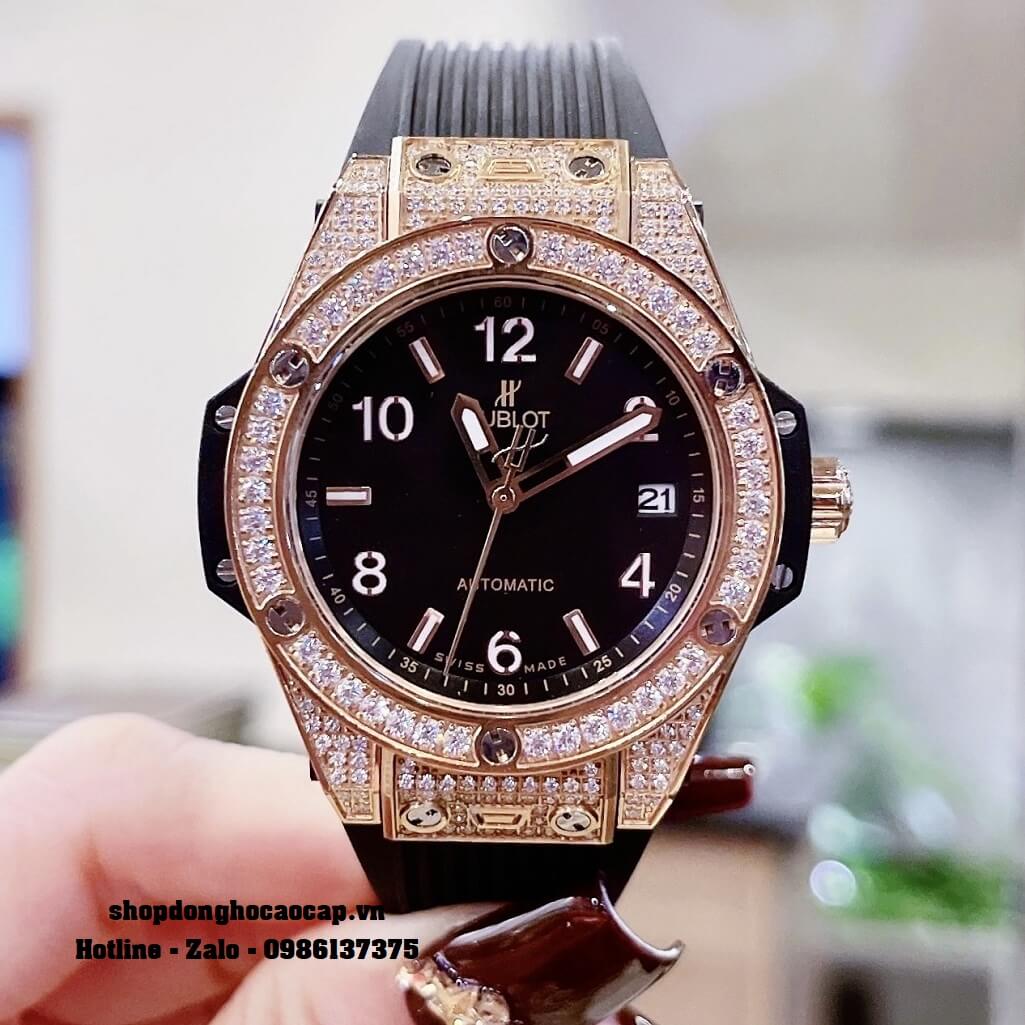 Đồng Hồ Nữ Hublot Classic Fusion Dây Silicon Đen Đính Đá Rose 38mm