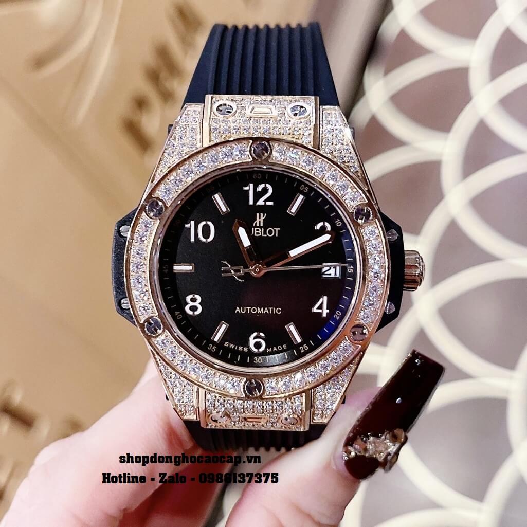 Đồng Hồ Nữ Hublot Classic Fusion Dây Silicon Đen Đính Đá Rose 38mm