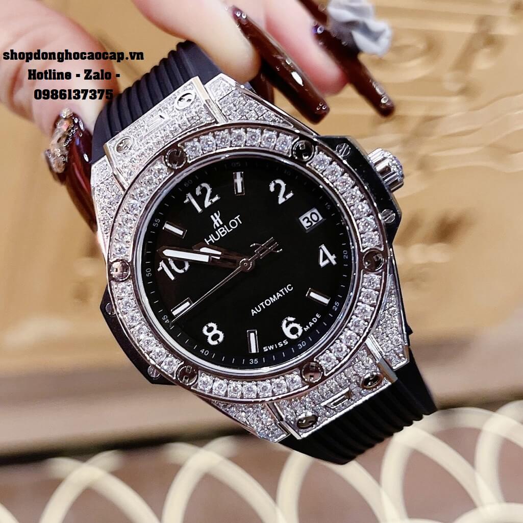 Đồng Hồ Nữ Hublot Classic Fusion Dây Silicon Đen Đính Đá Silver 38mm