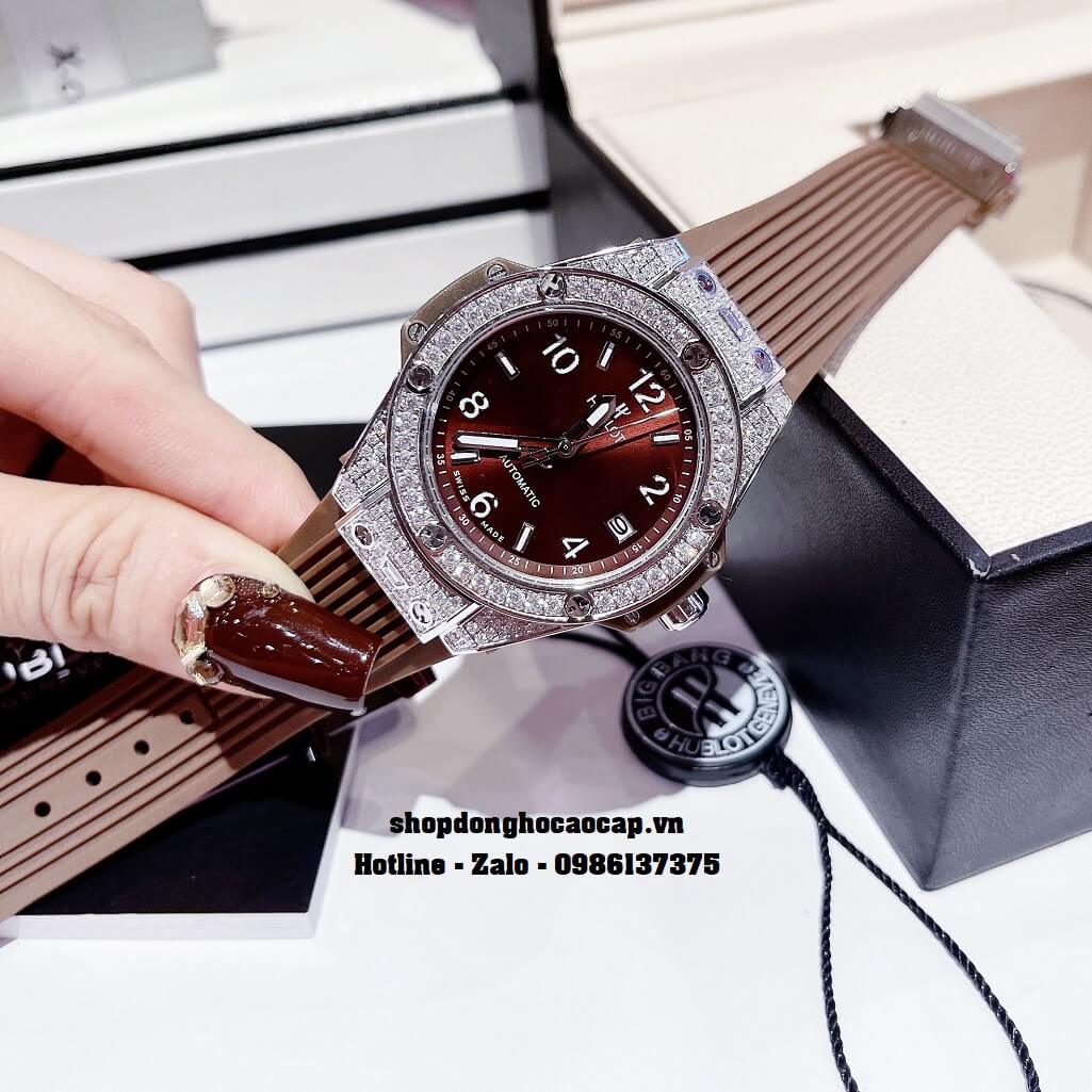 Đồng Hồ Nữ Hublot Classic Fusion Dây Silicon Nâu Đính Đá Silver 38mm