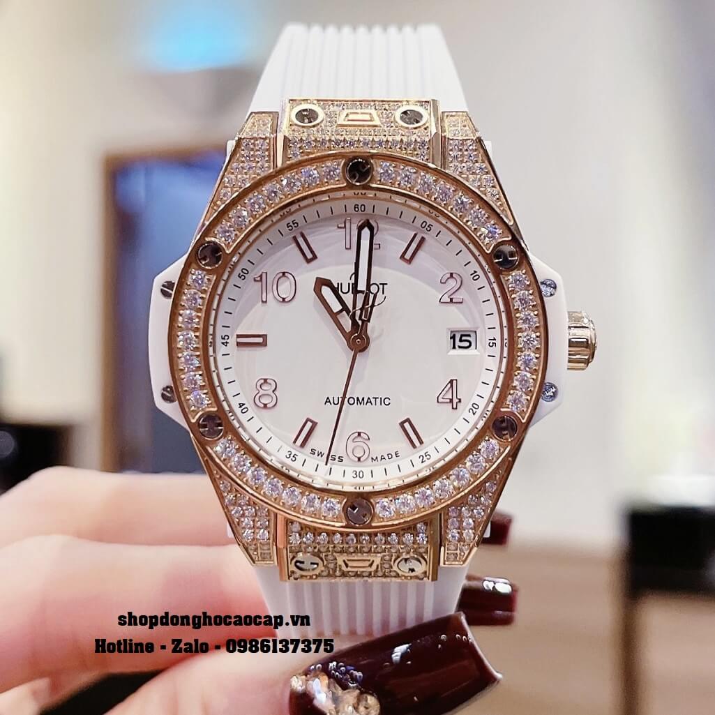 Đồng Hồ Nữ Hublot Classic Fusion Dây Silicon Trắng Đính Đá Rose 38mm