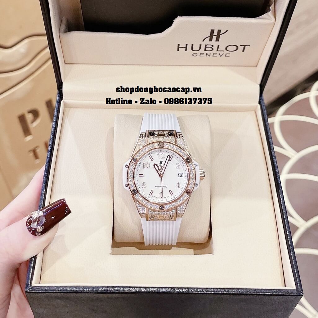 Đồng Hồ Nữ Hublot Classic Fusion Dây Silicon Trắng Đính Đá Rose 38mm