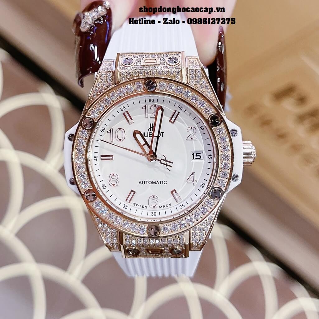 Đồng Hồ Nữ Hublot Classic Fusion Dây Silicon Trắng Đính Đá Rose 38mm