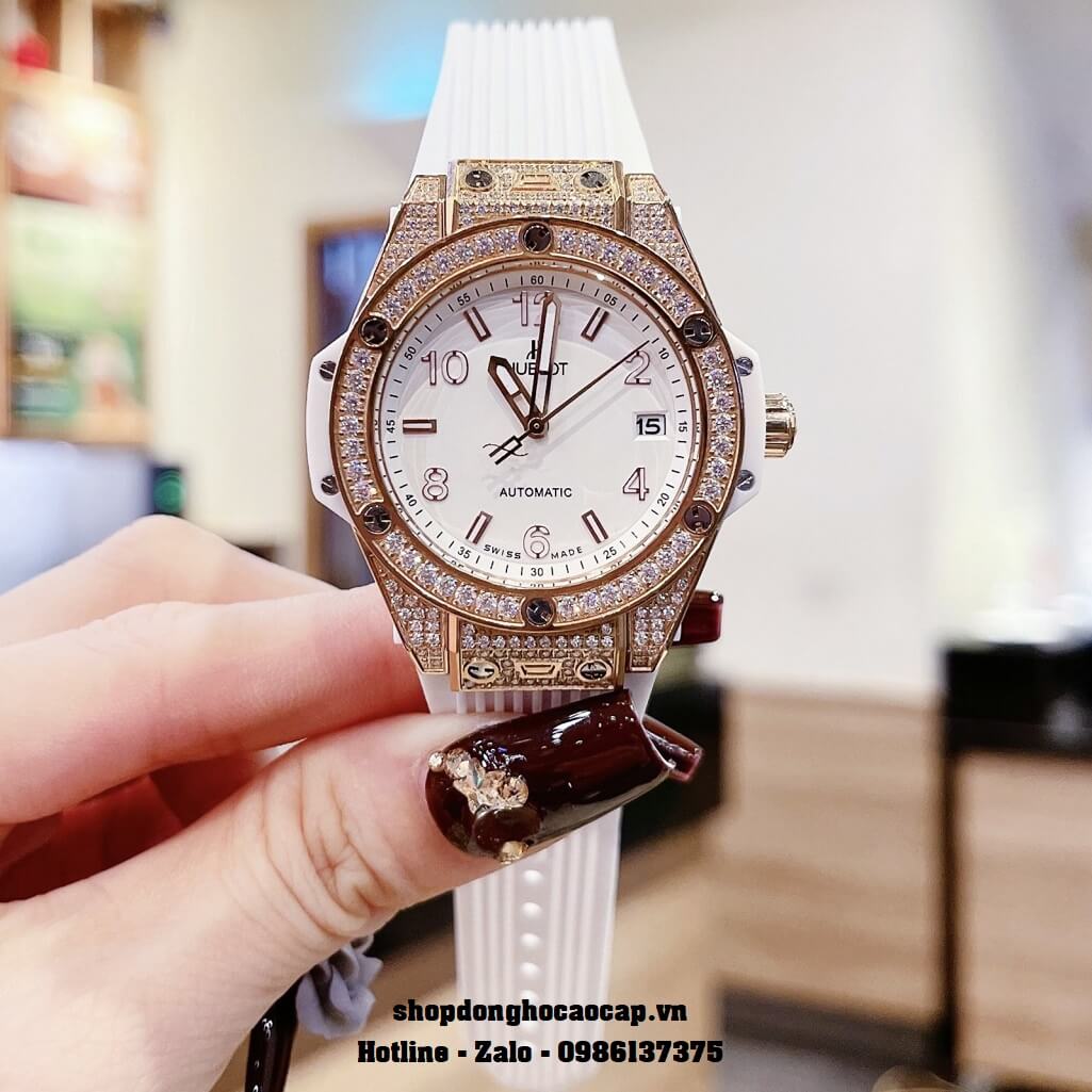 Đồng Hồ Nữ Hublot Classic Fusion Dây Silicon Trắng Đính Đá Rose 38mm