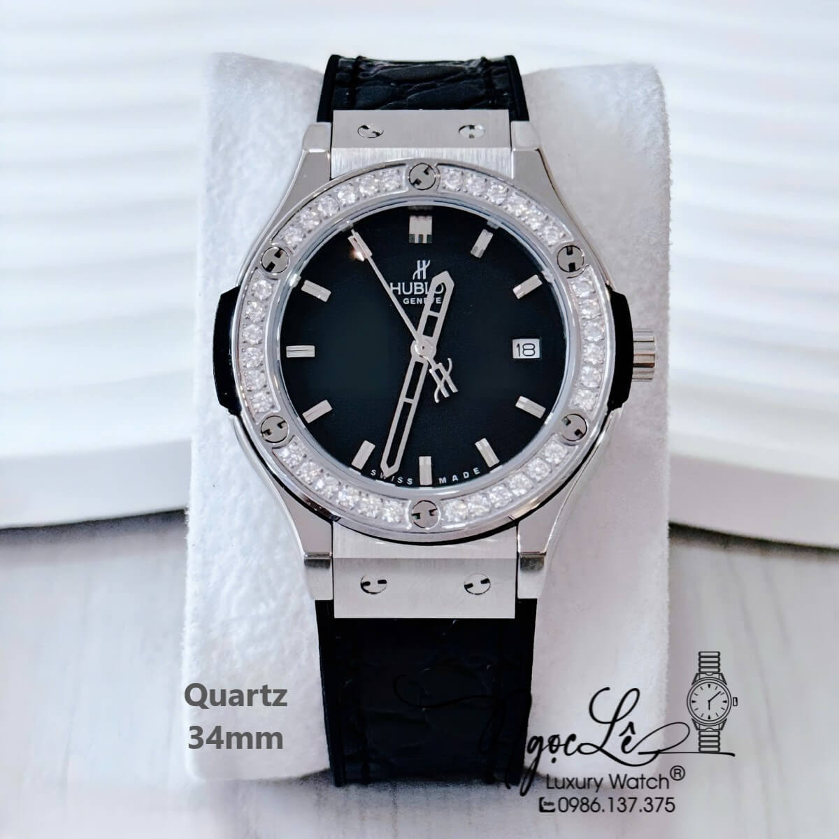 Đồng Hồ Nữ Hublot Classic Fusion Dây Cao Su Bọc Da Vân Đen Đính Đá Tròn Size 34mm Quartz