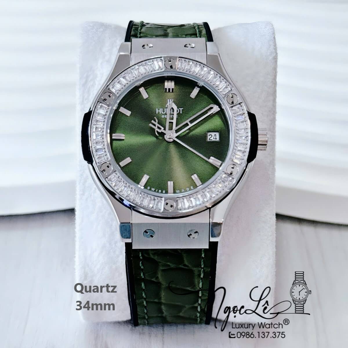 Đồng Hồ Nữ Hublot Classic Fusion Dây Cao Su Bọc Da Vân Xanh Rêu Đính Đá 34mm Quartz