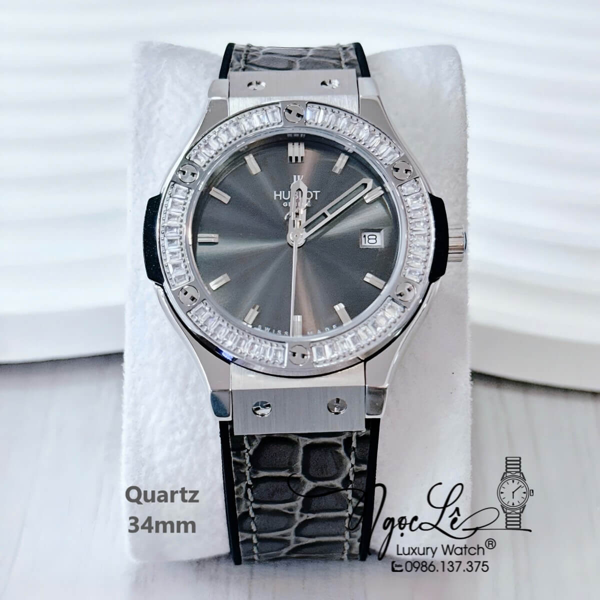 Đồng Hồ Nữ Hublot Classic Fusion Dây Cao Su Bọc Da Vân Xám Grey Đính Đá 34mm Quartz