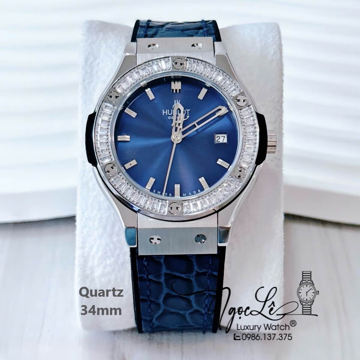 Đồng Hồ Nữ Hublot Classic Fusion Dây Cao Su Bọc Da Vân Xanh Coban Đính Đá 34mm Quartz