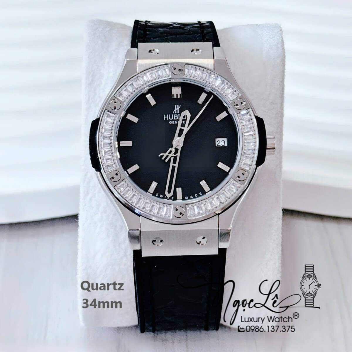 Đồng Hồ Nữ Hublot Classic Fusion Dây Cao Su Bọc Da Vân Đen Đính Đá 34mm Quartz