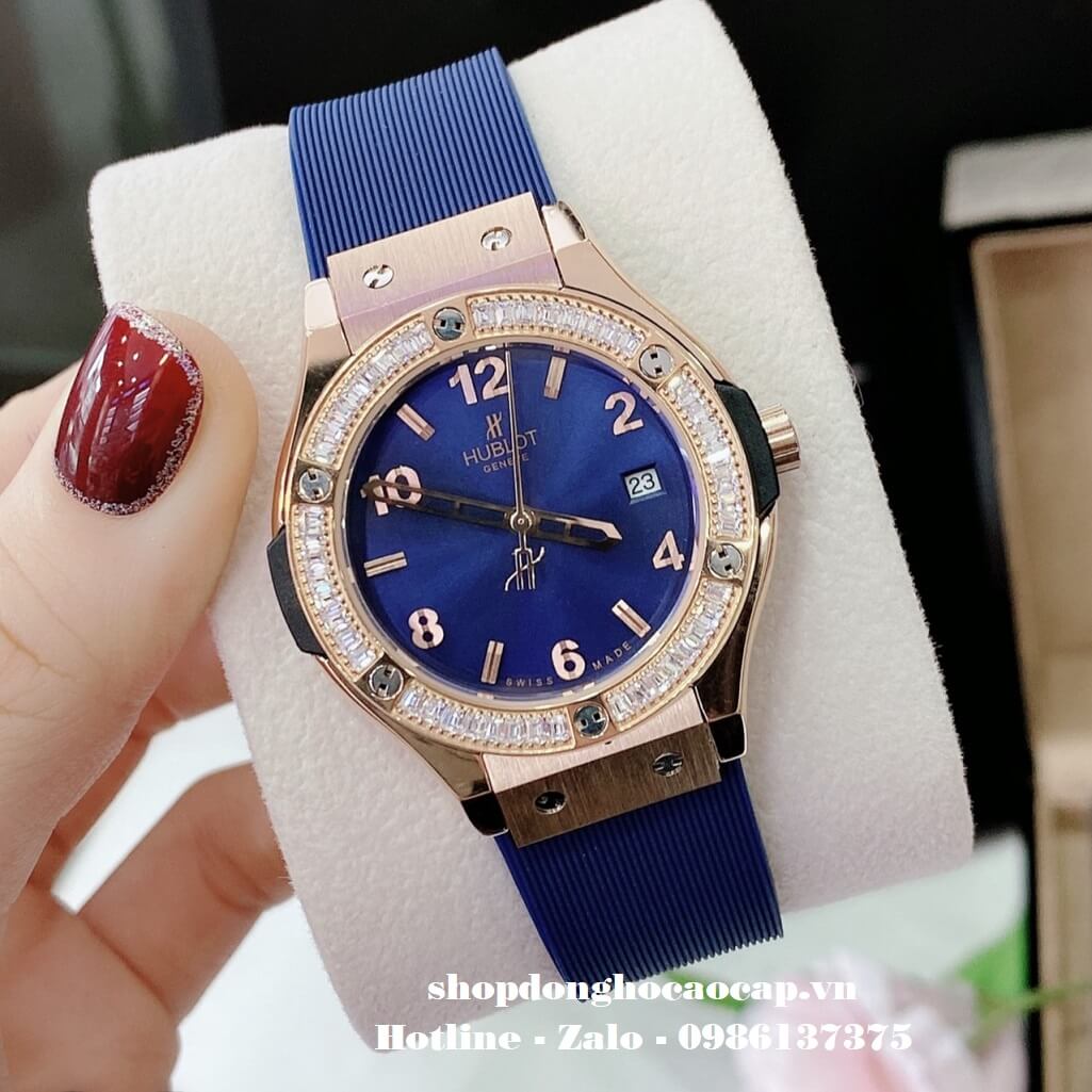 Đồng Hồ Hublot Classic Fusion Nữ Silicon Xanh Đính Đá Rose 34mm