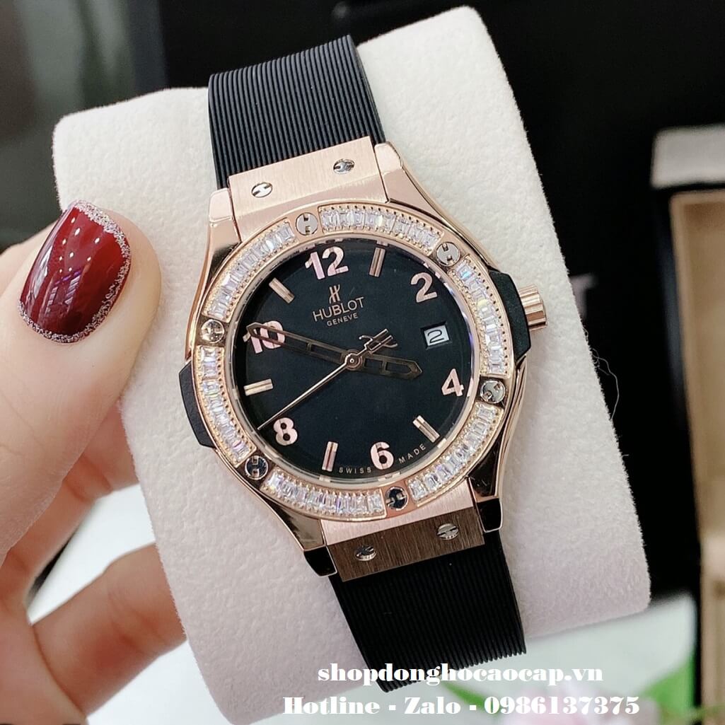 Đồng Hồ Hublot Classic Fusion Nữ Silicon Đen Đính Đá Rose 34mm