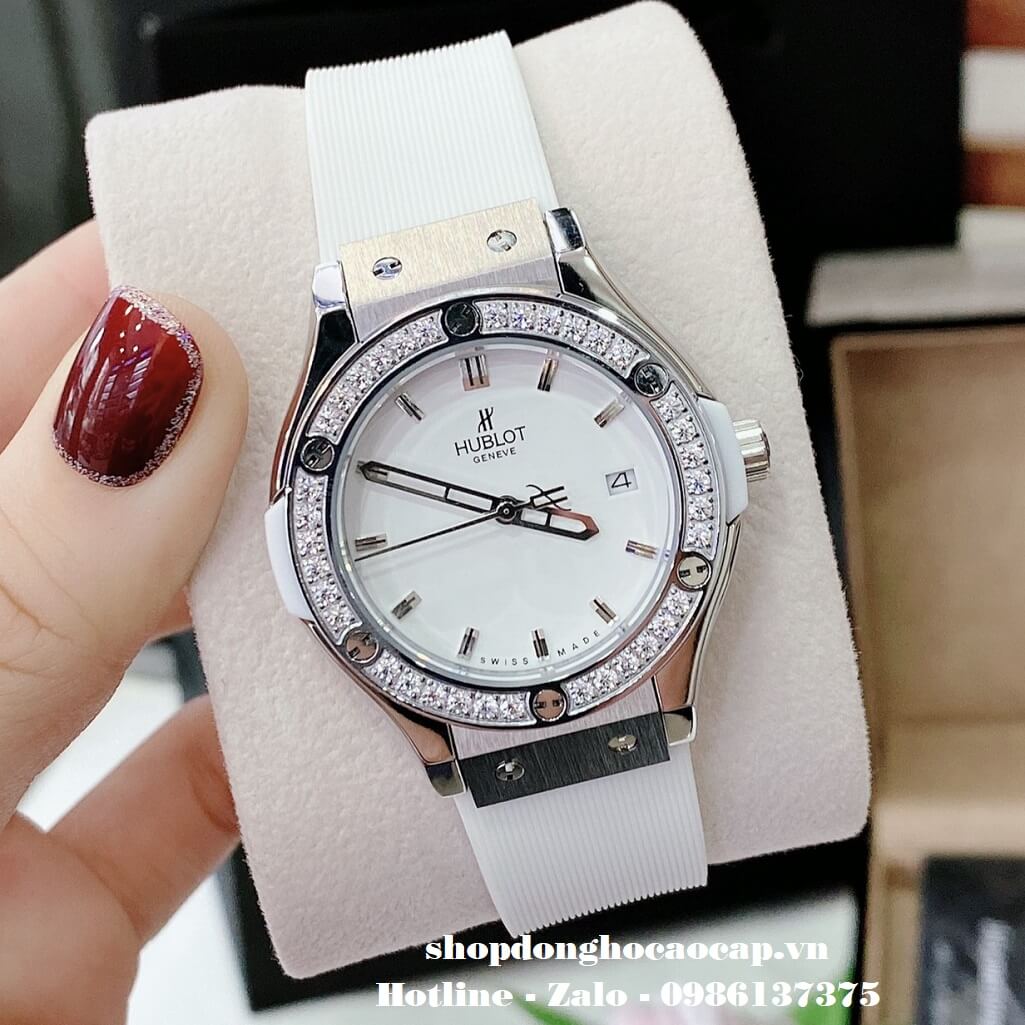 Đồng Hồ Hublot Classic Fusion Nữ Silicon Trắng Đính Đá Silver 34mm