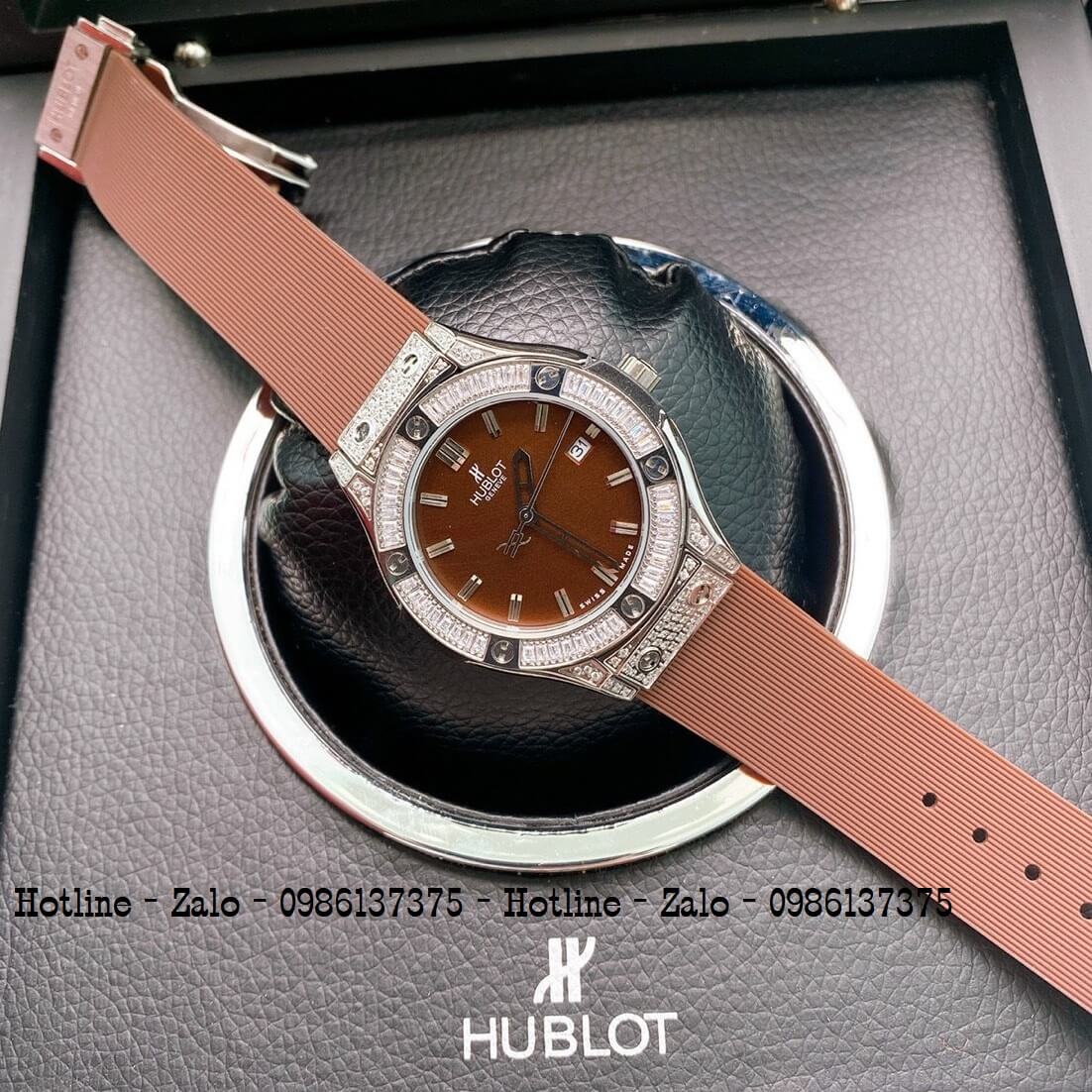 Đồng Hồ Nữ Hublot Đính Đá Silicon Nâu Mặt Nâu 34mm Silver