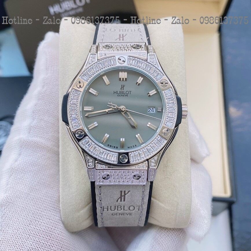 Đồng Hồ Nữ Hublot Đính Đá Da Silicon Xám Silver 34mm