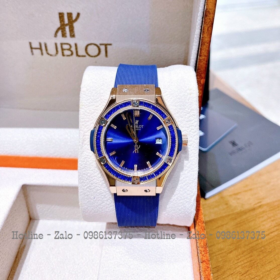 Đồng Hồ Nữ Hublot Đính Đá Silicon Xanh Dương Rose 34mm