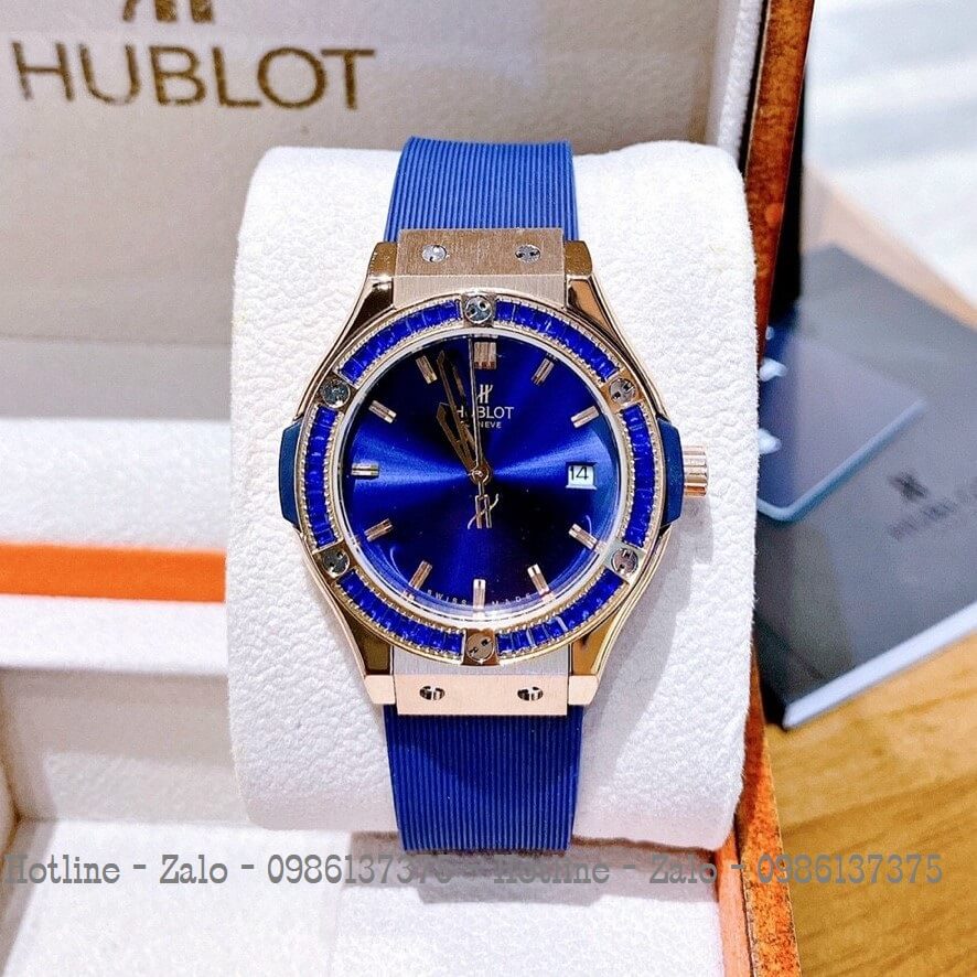 Đồng Hồ Nữ Hublot Đính Đá Silicon Xanh Dương Rose 34mm