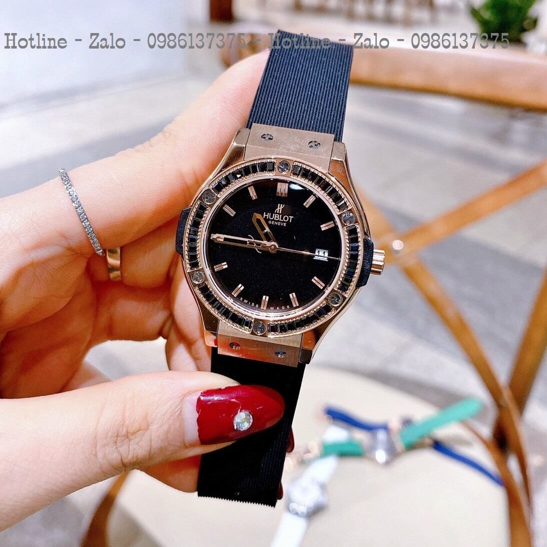 Đồng Hồ Hublot Đính Đá Nữ Silicon Đen Rose 34mm