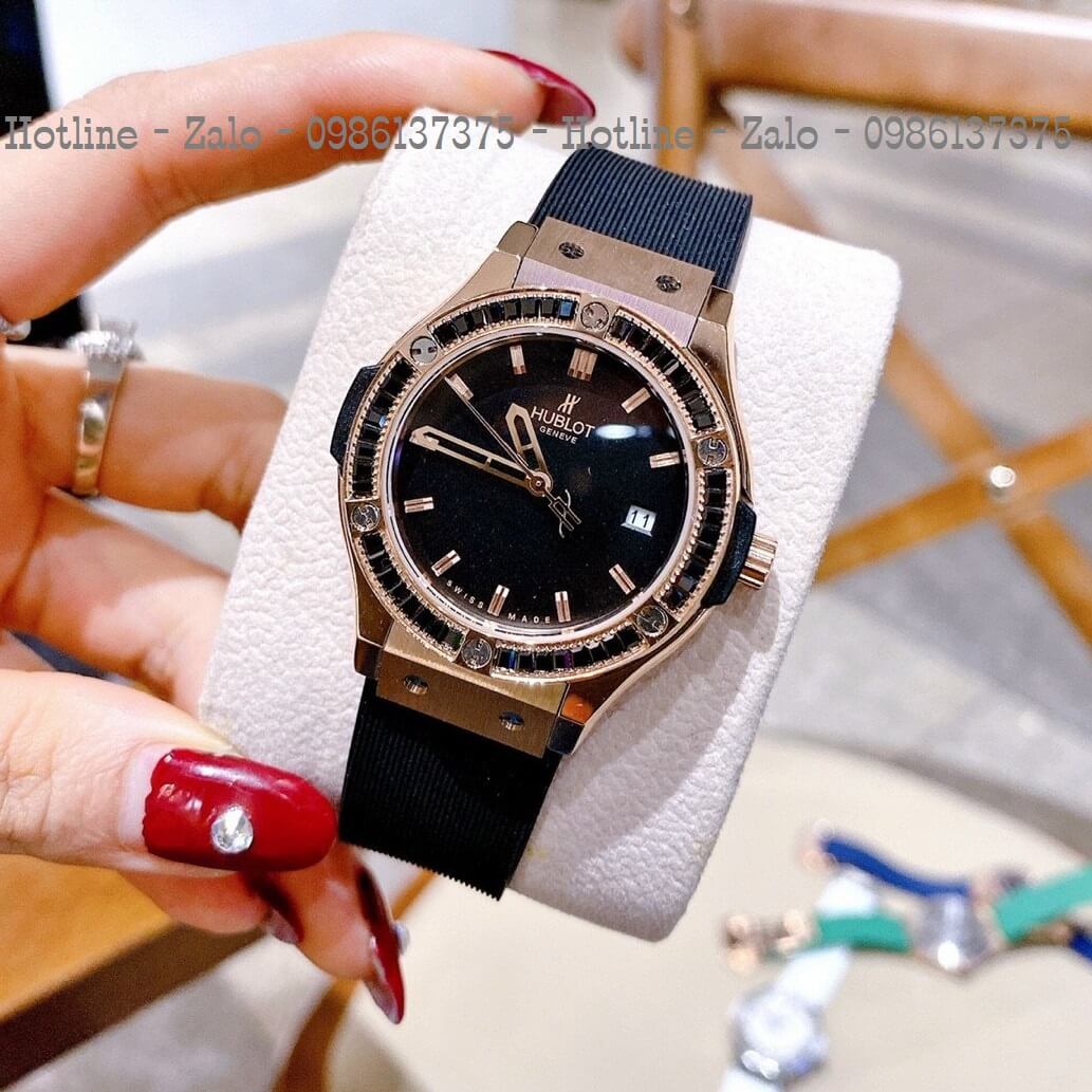 Đồng Hồ Hublot Đính Đá Nữ Silicon Đen Rose 34mm