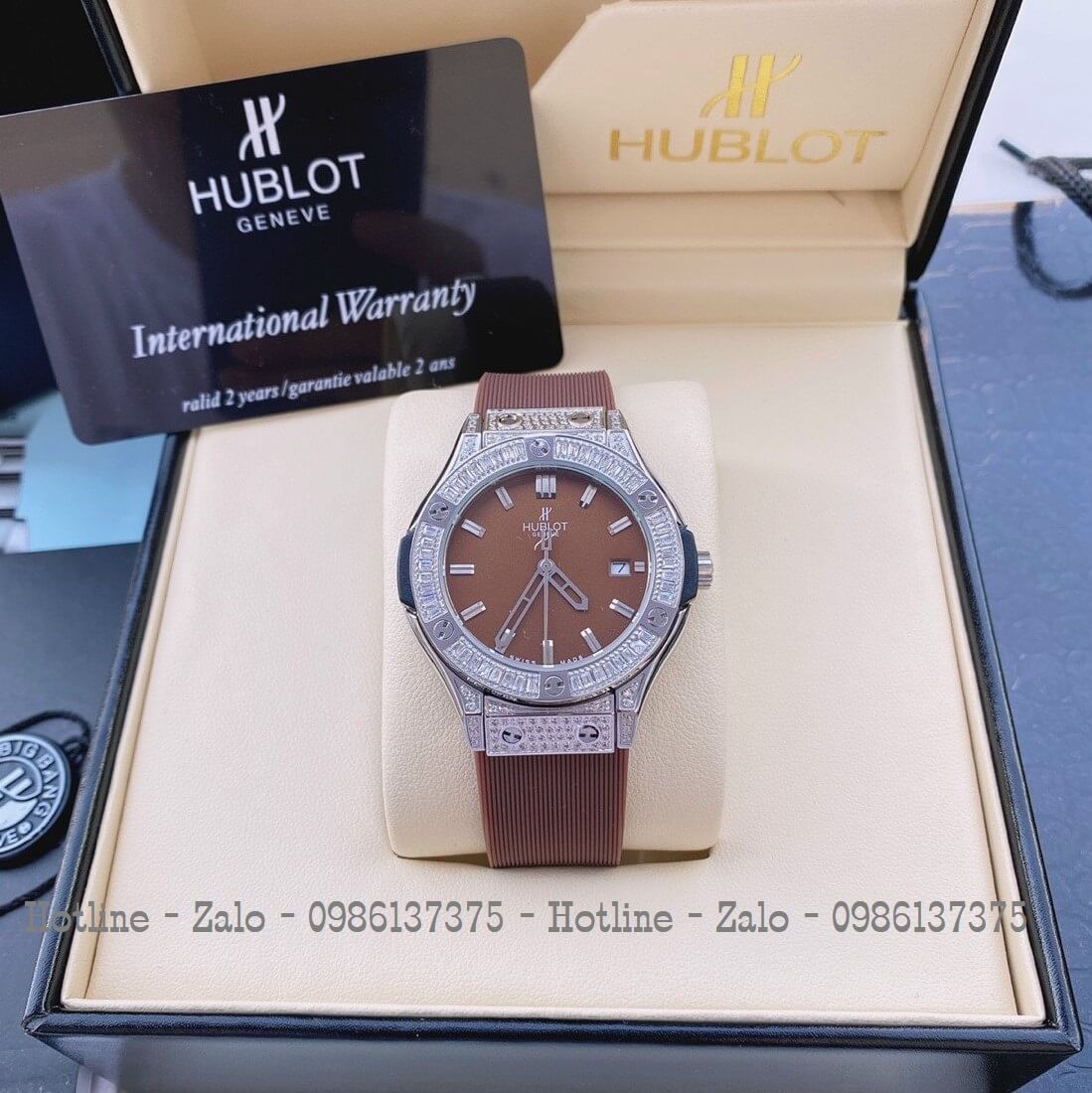 Đồng Hồ Nữ Hublot Đính Đá Silicon Nâu Mặt Nâu 34mm Silver