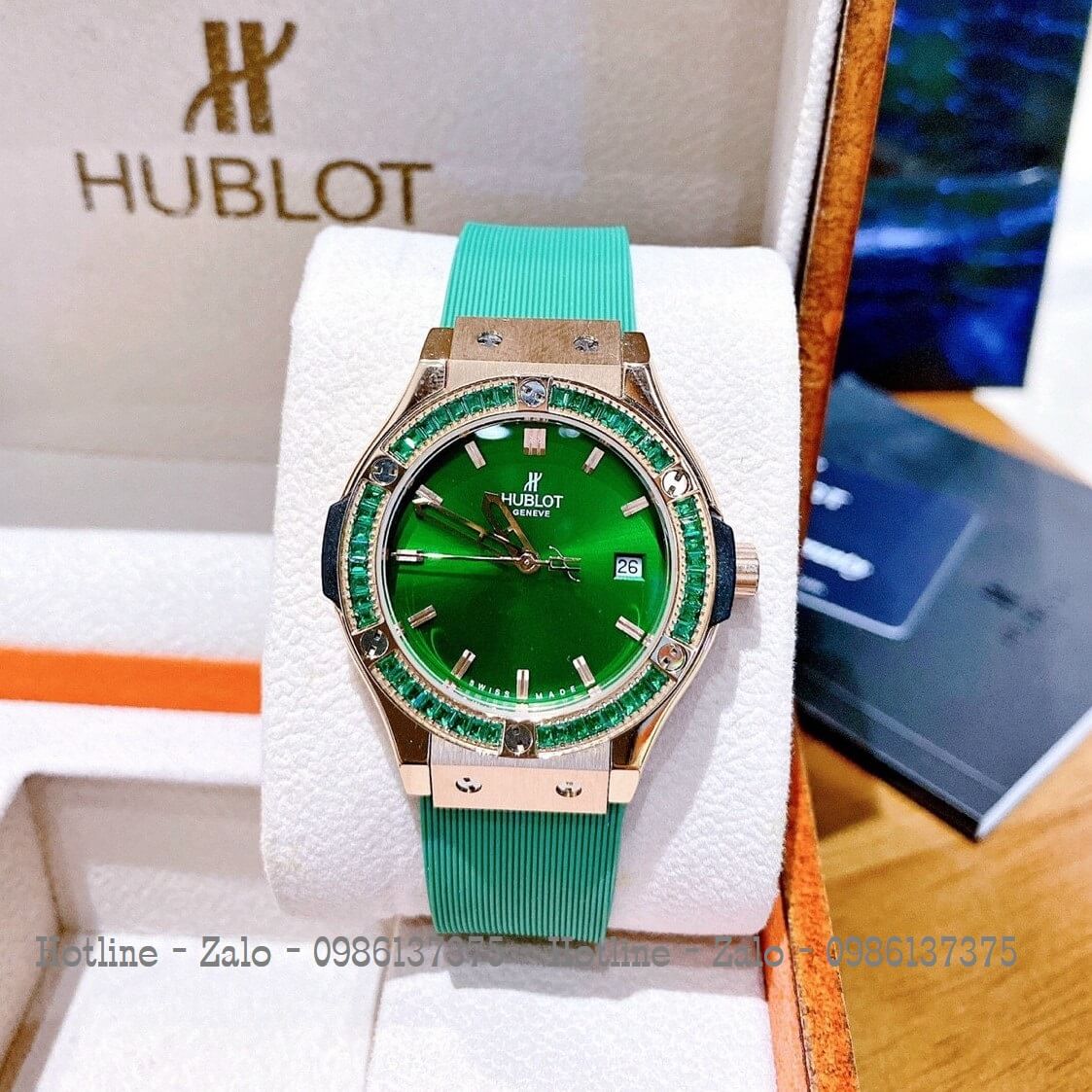 Đồng Hồ Nữ Hublot Đính Đá Silicon Xanh Lá Rose 34mm