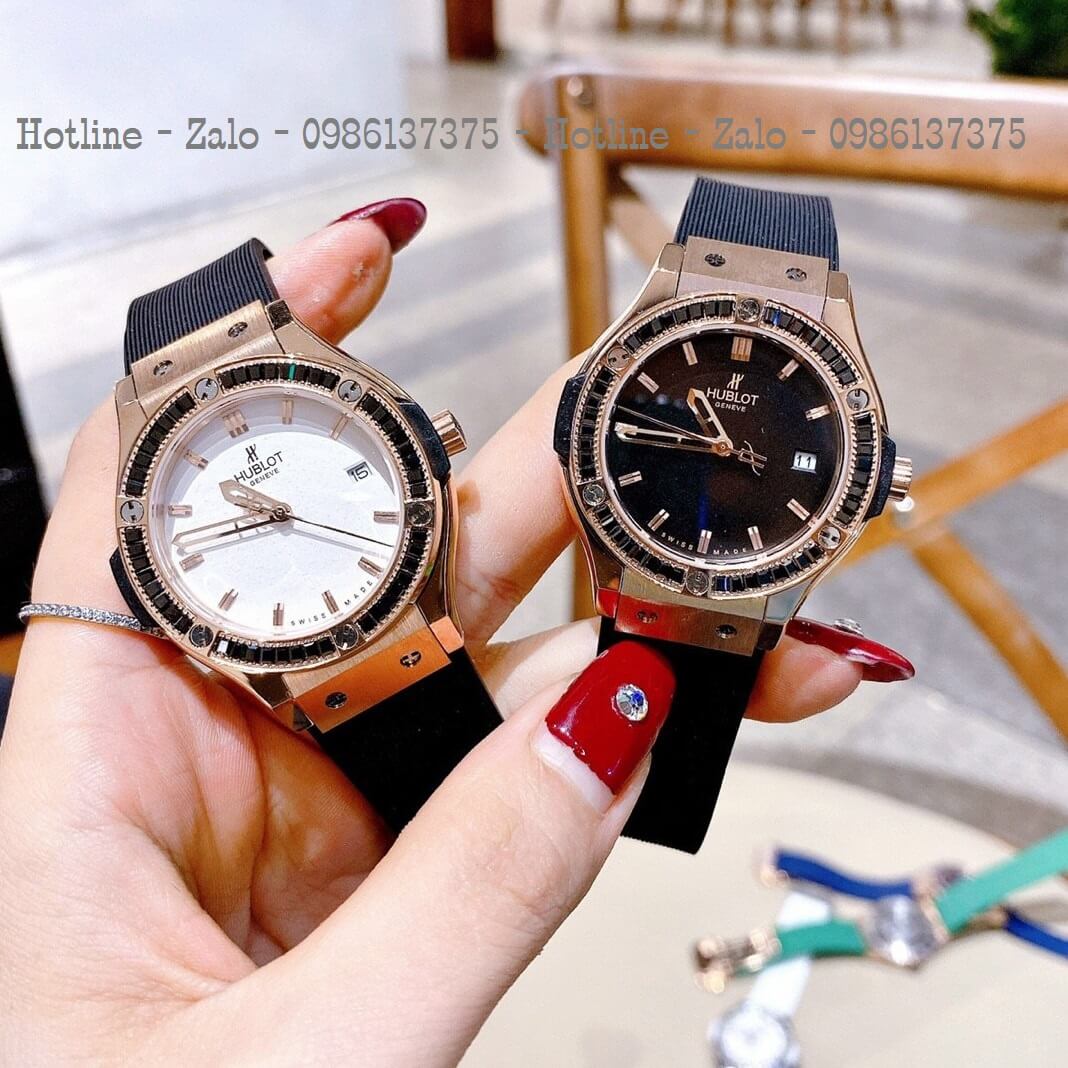 Đồng Hồ Nữ Hublot Đính Đá Silicon Đen Rose 34mm