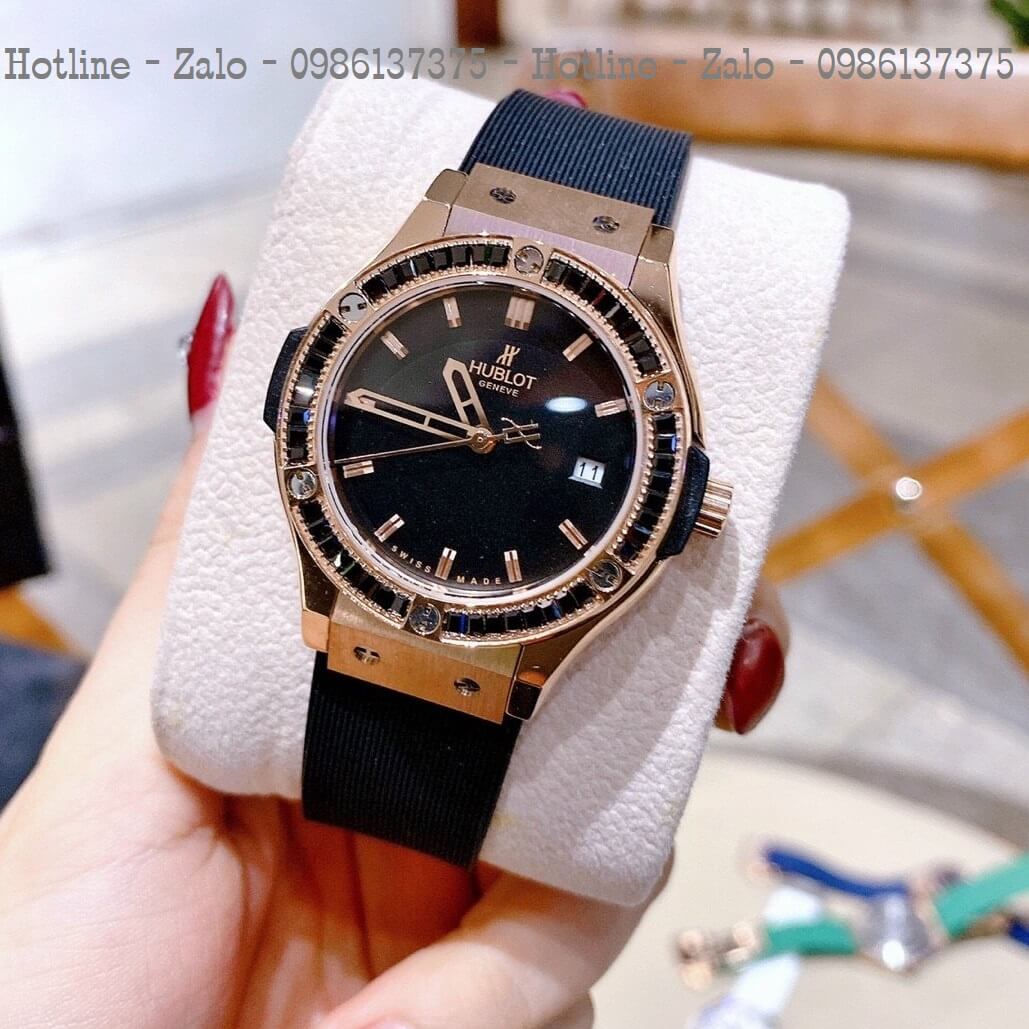 Đồng Hồ Nữ Hublot Đính Đá Silicon Đen Rose 34mm