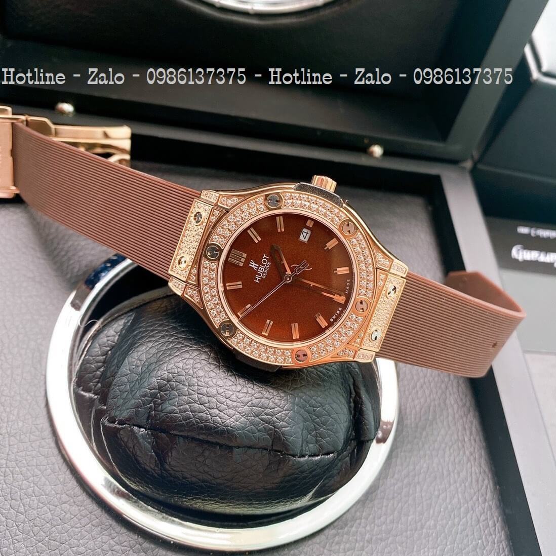 Đồng Hồ Nữ Hublot Đính Đá Silicon Nâu Mặt Nâu Rose 34mm