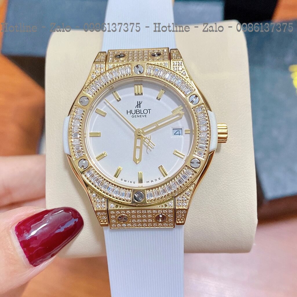 Đồng Hồ Nữ Hublot Đính Đá Silicon Trắng 34mm Gold